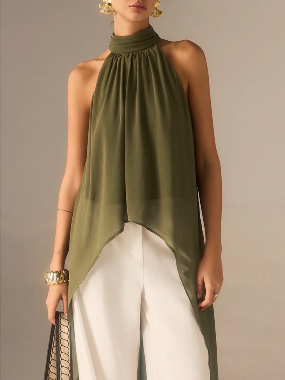 Semi-Sheer Halter-Neck Chiffon Long Top -Large